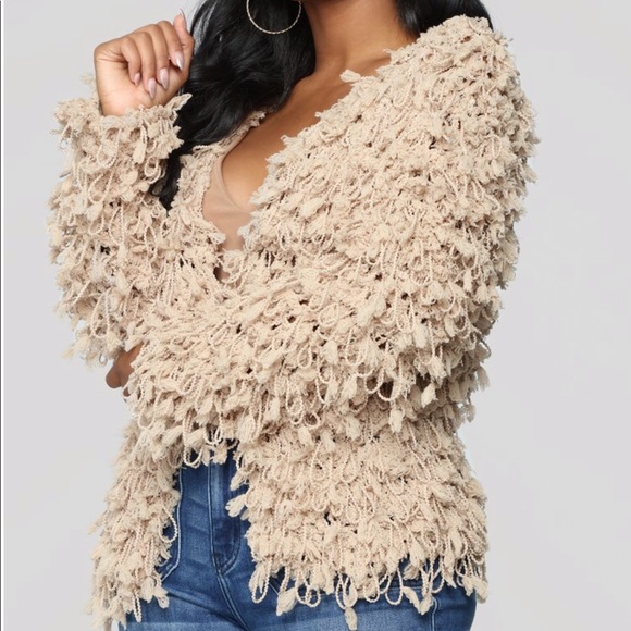 Tan Fringe teddy fuzzy cardigan jacket - Picture 2 of 4